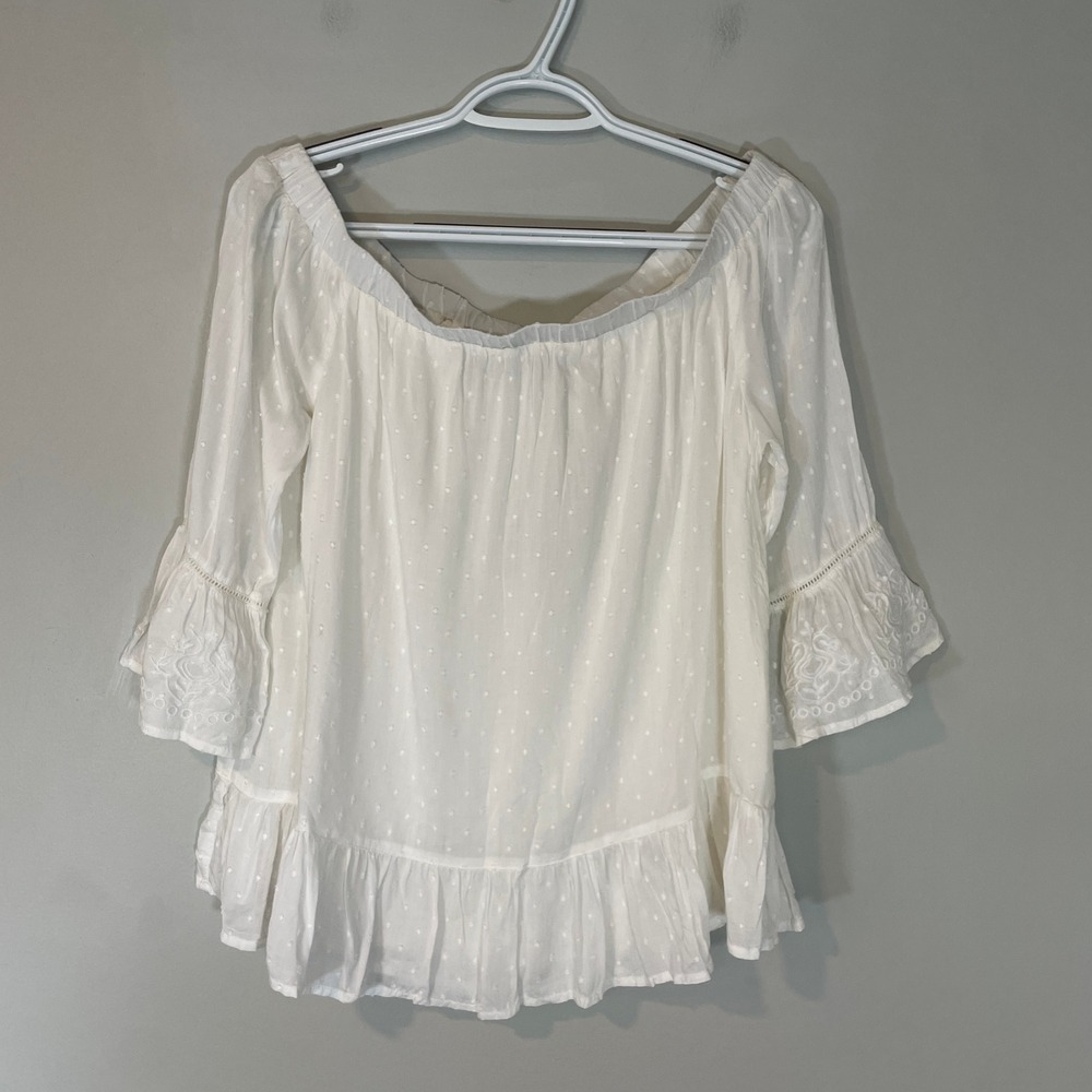 Blue Rain Francescas White Swiss Dot Off Shoulder‎ Embroidered Bell Sleeve Top M